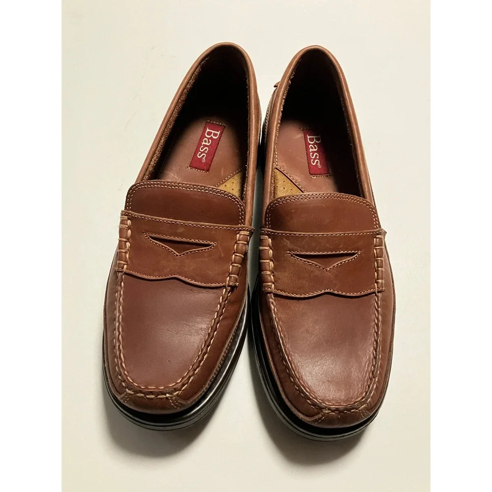 Bass Mens Trader Penny Loafers 8.5M Brown Leather Lug Sole Moc Toe Shoes